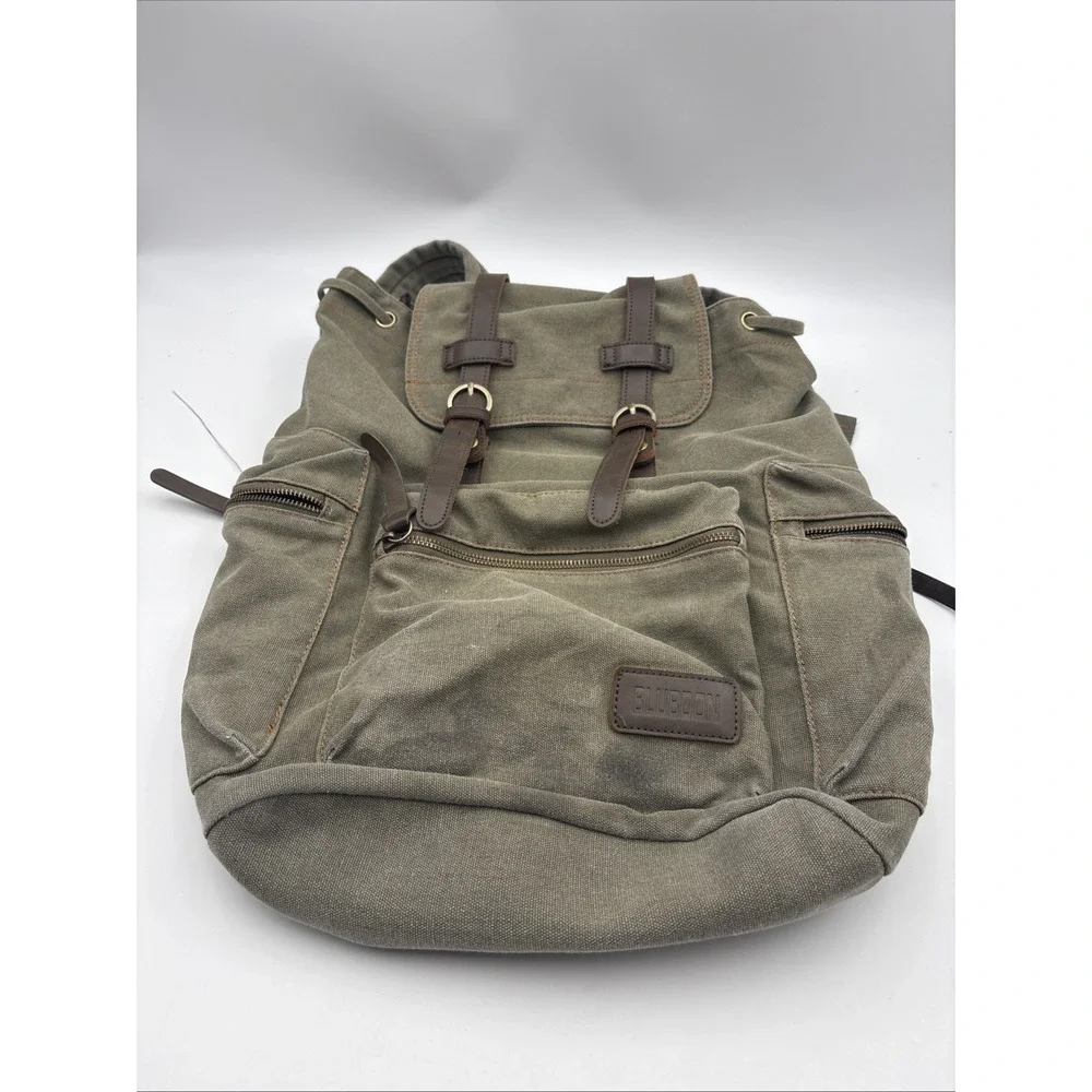 Bluboon VTG Canvas & Leather Army Green Rucksack Backpack Men's Bookbag Medium